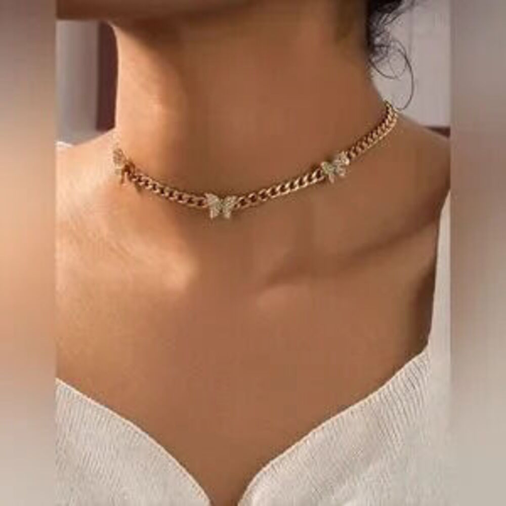 Gold Butterfly Chain Choker Necklace Butterfly Statement Jewelry - Picture 1 of 2